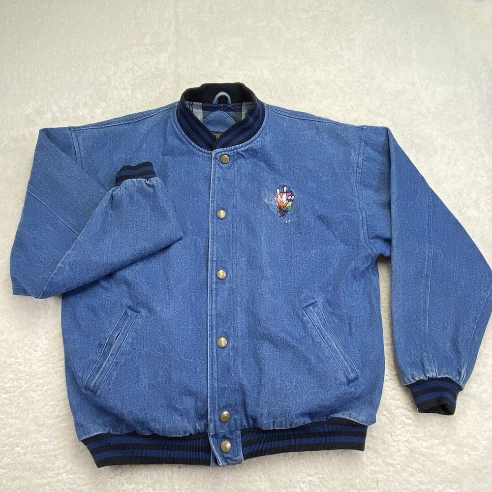 Vintage 90s Varsity Jacket Mens Blue Denim‎ Jean Embroidered Bowling Retro Large